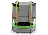 KINETIC SPORTS Kinder Trampolin JUMPER 140 cm - Inklusive Gummiseil Federung, Sicherheitsnetz mit Reißverschluss, Rahmenpolster, Schutz Bodennetz - Indoor Kindertrampolin Spielzeug Grün-Orange