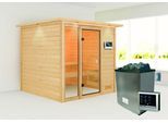 Karibu Sauna "Aachen" mit Kranz SET naturbelassen mit Ofen 9 kW ext. Strg.