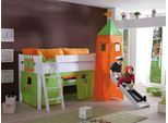 RELITA Spielbett KIM 90x200 cm, mit Rutsche,Turm Buche massiv weiß lackiert Stoffset grün/orange