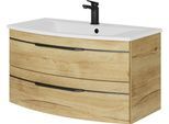 Waschtisch SAPHIR "Serie 7045 Mineralmarmor-Waschtisch und Unterschrank, 91 cm breit", braun (halifax eiche quer nachbildung), B:91cm H:50,2cm T:50,1cm, Waschtische, Waschtisch, Waschplatz mit 2 Schubladen, Badmöbel Set mit Waschtisch