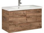 Waschtisch SAPHIR "Quickset Mineralmarmor-Waschtisch mit Unterschrank, 99 cm breit", braun (eiche ribbeck, eiche ribbeck, eiche ribbeck), B:99cm T:45cm, Holzwerkstoff, Mineralguss, Waschtische, Waschtisch, Wachplatz, Griffe Chrom Glanz, inkl. Türdämpfer, 2 Türen, 1 Schublade