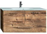 Waschtisch SAPHIR "Quickset Glaswaschtisch mit Unterschrank, 99 cm breit, Waschplatz", braun (eiche ribbeck, eiche ribbeck, eiche ribbeck), B:99cm H:52,5cm T:44,5cm, Glas, Holzwerkstoff, Waschtische, Waschtisch, Griffe in Chrom Glanz, inkl. Türdämpfer, 2 Türen, 1 Schublade