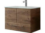 Waschtisch SAPHIR "Quickset Glaswaschtisch mit Unterschrank, 74 cm breit, Waschplatz", braun (eiche ribbeck, eiche ribbeck, eiche ribbeck), B:74cm T:44,5cm, Glas, Holzwerkstoff, Waschtische, Waschtisch, Griffe in Chrom Glanz, inkl. Türdämpfer, 2 Türen, 1 Schublade