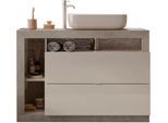 Waschtisch WELLTIME "Hamburg", weiß (weiß, beton, optik, weiß), B:110cm H:93cm T:49cm, Waschtische, Waschtisch, 2 Schubkästen, Breite 110 cm, Soft-Close, inkl. Keramik-Aufsatzbecken