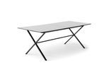 Esstisch HAMMEL FURNITURE "Meza Designtisch mit Auszugsfunktion und 2 Einlegeplatten", weiß (weiß, schwarz, weiß), B:210cm H:74cm T:100cm, Tischplatte: Weiss Laminat (schwarzer Rand), Gestell: Pulverbeschichtetes schwarzes Metall, RAL9005 matt., Tische, Esstisch, abgerundete Tischplatte MDF, gekreuztes Metallgestell, in zwei Breiten