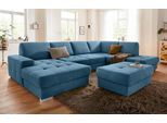 Wohnlandschaft SIT & MORE "Santorini U-Form", blau (azur), B:340cm H:82cm T:224cm, Luxus-Microfaser ALTARA NUBUCK (100% Polyester) / Struktur (100% Polyester);Flachgewebe (100% Polyester) / Struktur (100% Polyester), Sofas, Wohnlandschaft, mit Federkern und Sitztiefenverstellung, wahlweise mit Bettfunktion