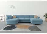 Wohnlandschaft SIT & MORE "Apulia U-Form", blau (hellblau), B:304cm H:78cm T:192cm, Webstoff (100% Polyester);Struktur weich (90% Polyester, 10% Polyamid);Luxus-Microfaser Euphoria (100% Polyester), Sofas, Wohnlandschaft, wahlweise Bettfunktion, Bettkasten und Kopf- und Armteilverstellung