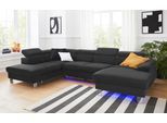 Wohnlandschaft COTTA "Komaris U-Form" Sofas Gr. B: 320 cm, Kunstleder SOFTLUX, Ottomane links, mit Bettfunktion-mit Bettkasten-ohne RGB-LED-Beleuchtung-mit Kopfteilverstellung, schwarz (black) Sofas mit LED inklusive Kopfteilverstellung, wahlweise Bettfunktion und RGB-LED