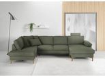 Wohnlandschaft 3C CANDY "Lecce, wahlweise PUR-Schaumstoff oder Tonnentaschenfederkern U-Form", grün (oliv), B:339cm H:86cm T:220cm, 95% Polyester, 5% Nylon, Sofas, Wohnlandschaft, Bettkasten in Umbauecke und Longchair, sowie Querschläfer im 2-Sitzer