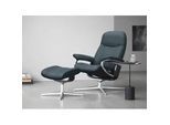 Relaxsessel STRESSLESS "Consul", blau (petrol q2 faron), B:82cm H:102cm T:72cm, ROHLEDER Stoff Q2 FARON: Ein fester zuverlässiger Bouclu00e9 mit einem strukturierten Aussehen und einer komfortablen Oberfläche (100% Polyester im Flor, Grundgewebe: 50% Polyester, 50% Polyacryl), Sessel, mit Hocker, mit Cross Base, Größe S, M & L, Holzakzent Schwarz