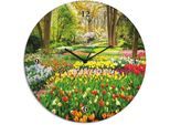Wanduhr ARTLAND "Glasuhr rund Tulpen Garten Frühling", bunt, B:30cm H:30cm T:1,8cm, Wanduhren, Wanduhr, wahlweise mit Quarz- oder Funkuhrwerk, lautlos ohne Tickgeräusche