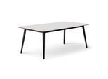 Esstisch HAMMEL FURNITURE "Meza Designtisch mit Auszugsfunktion und 2 Einlegeplatten", weiß (weiß, schwarz, weiß), B:210cm H:74cm T:100cm, Tischplatte: Weiss Laminat (schwarzer Rand), Gestell: Massive Esche., Tische, Esstisch, abgerundete Tischplatte MDF, Massivholzgestell, in zwei Breite