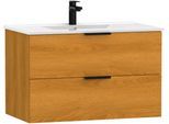 Waschtisch WELLTIME "Athen Badschrank Badezimmer WC Unterschrank mit Becken" Waschtische Gr. eckig, braun (eichefarben, eichefarben) Waschplatz mit 2 Schubladen, Breite 80cm Softclose Bad