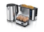 Arendo Frühstücksset 3-teilig, 2-Scheiben Toaster, 6er Eierkocher, Wasserkocher 1,5L, Silber