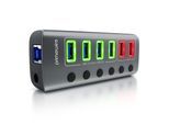 Primewire - USB 3.2 Gen.1 6 Port Hub aktiv schaltbar - mit Netzteil - 4 x USB 3.2 Gen1, 2X USB 3.0 mit smart Charge (Ladeports) - Alugehäuse grau
