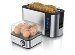 Arendo 2-teiliges Frühstücksset - 4-Scheiben Langschlitz Toaster, 8er Eierkocher, Silber