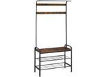 tectake® Garderobenständer, Industrial Style, mit Sitzfläche, 2 Gitterablagen und 9 abnehmbaren Haken, inklusive Kippschutz, 85,5 x 36 x 184 cm