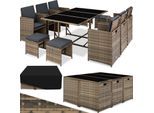 tectake® Rattan Sitzgruppe, für 6 bis 10 Personen, UV-beständig, zusammenschiebbar, inklusive Schutzhülle