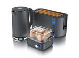 Arendo Frühstücks-Set 3-teilig, 4-Scheiben Langschlitztoaster, 8er Eierkocher, 1,5L Wasserkocher, Grau