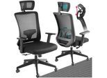 tectake® Bürostuhl, ergonomische Form mit Lordosenstütze und verstellbarer Kopfstütze, mit Netzstoffbezug, höhenverstellbare Armlehnen und Wippfunktion, stufenlos höhenverstellbar