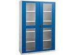 Schäfer Shop Genius Flügeltürenschrank FS, Stahl, Sichtfenster, Lüftungslöcher, B 1343 x T 620 x H 1950 mm, 5 OH, Weissalu/Enzianblau, bis 750 kg