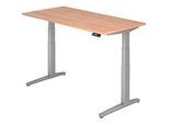 Schreibtisch TOPAS LINE, elektrisch höhenverstellbar, C-Fuss, B 1600 x T 800 x H 650-1300 mm, Nussbaum/alusilber + Memoryschalter, Kabelkanal