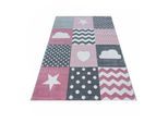 Kinderteppich mit Karo-Design & Herz-Stern-Wolke-Muster – Rechteckig oder Rund