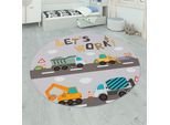 Paco Home Kinderteppich »Bino 578«, rund, 4 mm Höhe, Spielteppich, Motiv Autos & Baustelle, Kinderzimmer