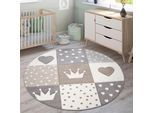 Paco Home Kinderteppich »Cosmo 339«, rund, 16 mm Höhe, Kurzflor, Pastell-Farben, 3D-Effekt, Motiv Herz, Punkte & Krone