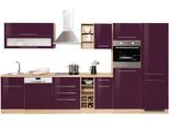 Küchenzeile KOCHSTATION "KS-Eton", lila (front: aubergine hochglanz, korpus: eichefarben, arbeitsplatte: eichefarben), B:360cm T:60cm, Komplettküchen-Sets, ohne E-Geräte, Breite 360 cm