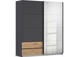 Schwebetürenschrank RAUCH "Kleiderschrank Schrank Garderobe Wäscheschrank ELARA mit Spiegel", grau (graumetallic, eiche artisan), B:181cm H:210cm T:62cm, Holzwerkstoff, Schränke, Schwebetürenschrank, praktische Schubladen optional farblich abgesetzt MADE IN GERMANY