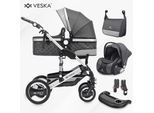 VESKA® 3 in 1 Kombi-Kinderwagen Buggy Reisebuggy inkl. Auto- Babyschale Jogger Faltbar - Silber - anthrazit/anthrazit