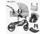 VESKA® 3 in 1 Kombi-Kinderwagen Buggy Reisebuggy inkl. Auto- Babyschale Jogger Faltbar - Silber - grau/kariert