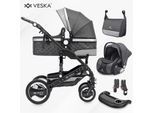 VESKA® 3 in 1 Kombi-Kinderwagen Buggy Reisebuggy inkl. Auto- Babyschale Jogger Faltbar - Schwarz - anthrazit/anthrazit