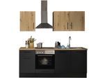 Küchenzeile BASIC BY BALCULINA "Turin", schwarz (front: schwarz matt woodprint, artisan eichefarben, korpus: schwarz matt woodprint, arbeitsplatte: artisan eichefarben), B:210cm H:211cm T:60cm, Komplettküchen-Sets, Breite 210 cm, wahlweise mit E-Geräten