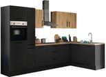 Winkelküche BASIC BY BALCULINA "Turin", schwarz (küche: schwarz, korpus: schwarz matt woodprint, arbeitsplatte: artisan eichefarben), B:310cm H:211cm T:60cm, Komplettküchen-Sets, Küchenzeile, Stellbreite 310x175 cm, wahlweise mit E-Geräten