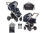 Gesslein Kinderwagenset , Braun, Dunkelblau , Textil , 57x129x100 cm , EN 1888, UV 50+, Made in Germany , Feststellbremse, Federung, kugelgelagerte Räder, für Babyschale geeignet, Griff in Lederoptik, Reflektorstreifen,5-Punkt-Gurt, Gurtschoner, Schutzbügel abnehmbar, Verdeck abnehmbar, Sichtfenster, Sitz umsetzbar,Matratze, Bezug abnehmbar und waschbar , Baby On Tour, Kinderwagen, Kombikinderwage