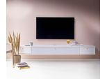 TV-Board HAMMEL FURNITURE "Mistral Fernsehschrank, Medienmöbel, Hängend", weiß (weiß lackiert, stoff weiß), B:220cm H:23cm T:32,5cm, Dekorfolie, Holzwerkstoff, Massivholz, Stoff, Sideboards, TV-Board, mit Schaubladen und Klapptür mit Akustikstoff, Lowboard, B: 220 cm