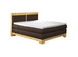 Linea Natura Boxspringbett , Braun , Textil , Zirbe,Zirbe , vollmassiv , H3 + H4 , Höhe ca. 22 cm , 160x200 cm , gepolstertes Kopfteil, Stoffauswahl, Topper durchgehend, in verschiedenen Größen erhältlich, Partnermatratze mit durchgehendem Bezug , Holzmöbel, Holzbetten, Boxspringbetten Holz