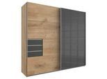 Mid.you Schiebetürenschrank , Graphitfarben, Eichefarben , Metall , 5 Fächer , 3 Schubladen , 225x210x64 cm , Made in Germany , Schlafzimmer, Kleiderschränke, Schwebetürenschränke