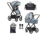 Gesslein Kinderwagenset , Braun, Weiß, Petrol, Mintgrün , Textil , 57x129x100 cm , EN 1888, UV 50+, Made in Germany , Feststellbremse, Federung, kugelgelagerte Räder, für Babyschale geeignet, Griff in Lederoptik, Reflektorstreifen,5-Punkt-Gurt, Gurtschoner, Schutzbügel abnehmbar, Verdeck abnehmbar, Sichtfenster, Sitz umsetzbar,Matratze, zusammenklappbar, Bezug abnehmbar und waschbar , Baby On Tour