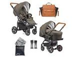 Gesslein Kinderwagenset , Olivgrün, Cognac , Textil , 57x129x100 cm , EN 1888, UV 50+, Made in Germany , Feststellbremse, Federung, kugelgelagerte Räder, für Babyschale geeignet, Griff in Lederoptik, Reflektorstreifen,5-Punkt-Gurt, Gurtschoner, Schutzbügel abnehmbar, Verdeck abnehmbar, Sichtfenster, Sitz umsetzbar,Matratze, Bezug abnehmbar und waschbar , Baby On Tour, Kinderwagen, Kombikinderwagen