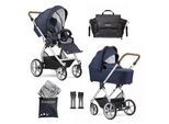 Gesslein Kinderwagenset , Braun, Dunkelblau , Textil , 57x129x100 cm , EN 1888, UV 50+, Made in Germany , Feststellbremse, Federung, kugelgelagerte Räder, für Babyschale geeignet, Griff in Lederoptik, Reflektorstreifen,5-Punkt-Gurt, Gurtschoner, Schutzbügel abnehmbar, Verdeck abnehmbar, Sichtfenster, Sitz umsetzbar,Matratze, zusammenklappbar, Bezug abnehmbar und waschbar , Baby On Tour, Kinderwage