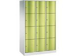 C+P Schliessfachschrank Resisto, 3 Abteile, 12 Fächer, B 1148 x T 540 x H 1950 mm, Lichtgrau/Clowngrün