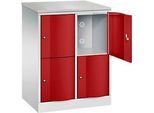C+P Schliessfachschrank Resisto, 2 Abteile, 4 Fächer, B 772 x T 540 x H 1077 mm, Lichtgrau/Rubinrot