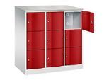 C+P Schliessfachschrank Resisto, 3 Abteile, 9 Fächer, B 1148 x T 640 x H 1255 mm, Lichtgrau/Rubinrot
