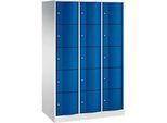 C+P Schliessfachschrank Resisto, 3 Abteile, 15 Fächer, B 1148 x T 640 x H 1950 mm, Lichtgrau/Enzianblau