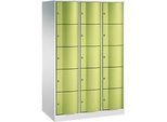 C+P Schliessfachschrank Resisto, 3 Abteile, 15 Fächer, B 1148 x T 640 x H 1950 mm, Lichtgrau/Clowngrün