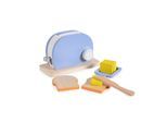 Moni Spielzeug Toaster 4341 Set Holz, Drehknopf, Butter, Messer, Toastscheiben hellblau