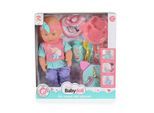 Moni Kinderpuppe 31 cm Rucksack und Zubehör Besteck Lätzchen Kleidung Stirnband rosa
